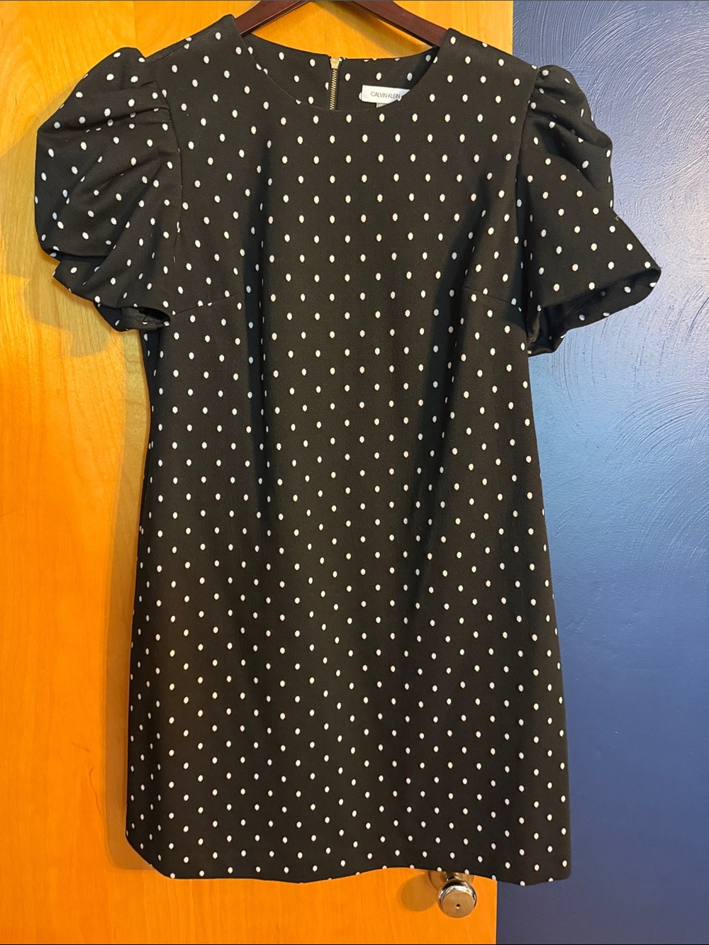 Calvin Klein Black Dress with White Polka Dots and Puff Sleeves